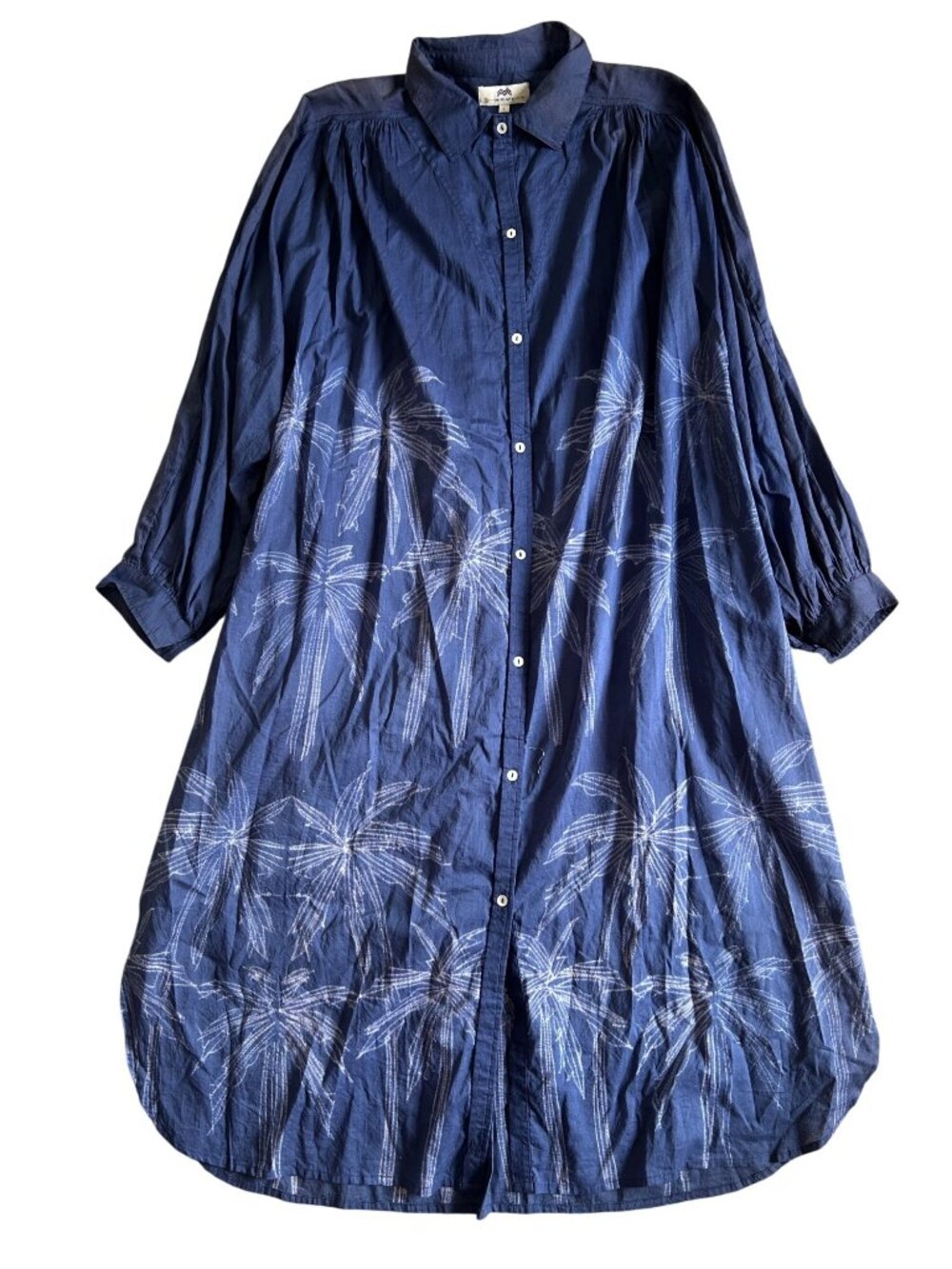 Nibi-MTK Womens Sz L Blue Palm Tree Print Long Button-Up Shirt Dress With Pocket